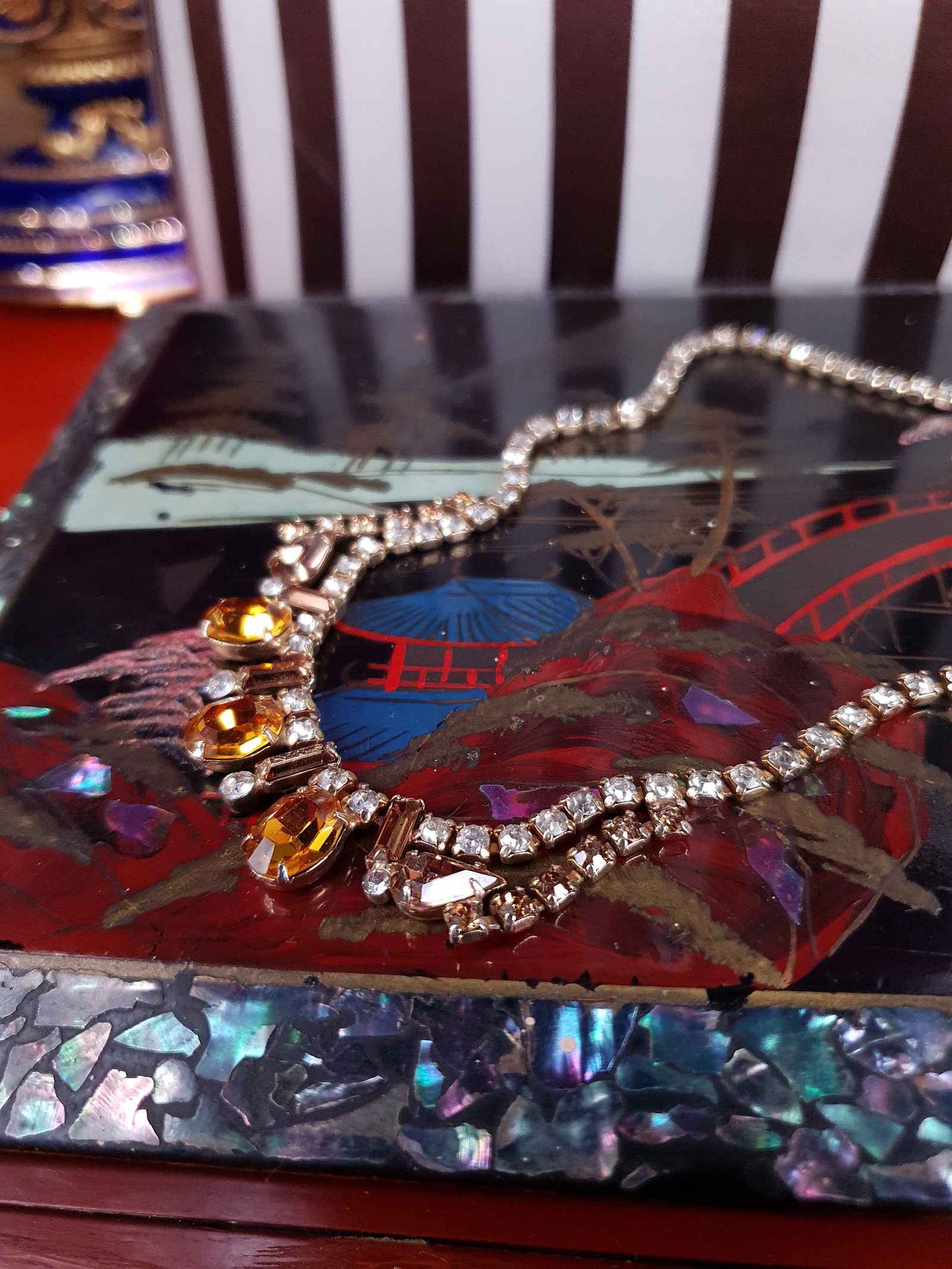 Vintage 1950s Amber Clear Glass Rhinestone Necklace Choker