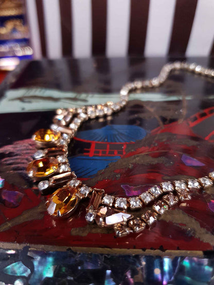 Vintage 1950s Amber Clear Glass Rhinestone Necklace Choker