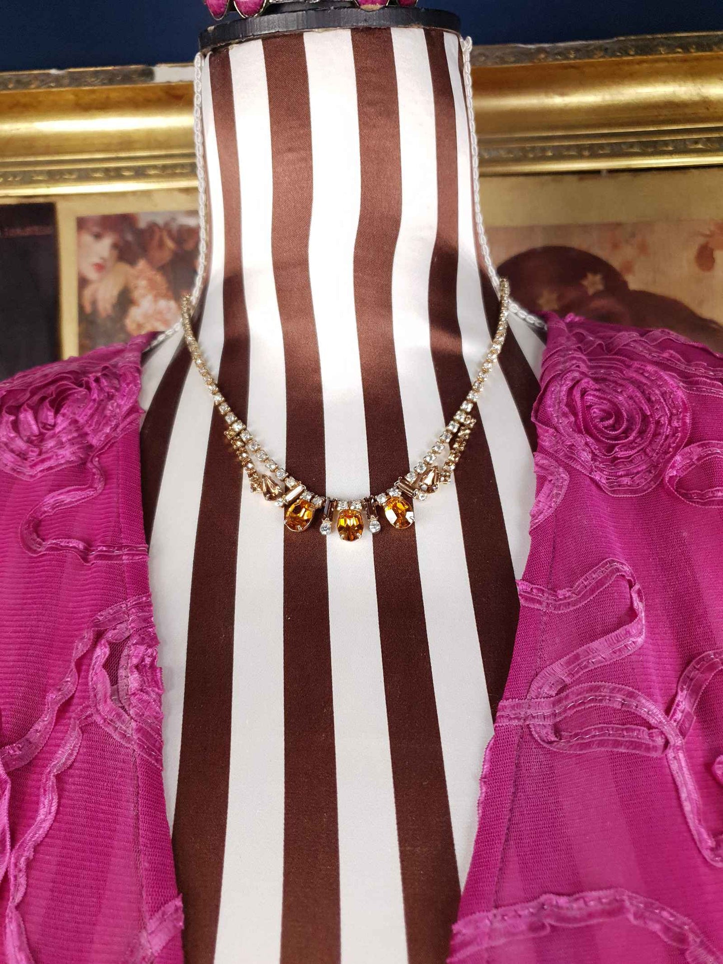 Vintage 1950s Amber Clear Glass Rhinestone Necklace Choker