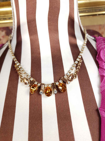 Vintage 1950s Amber Clear Glass Rhinestone Necklace Choker