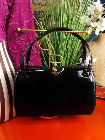 Vintage 1950s Black Patent Handbag Carry Tote