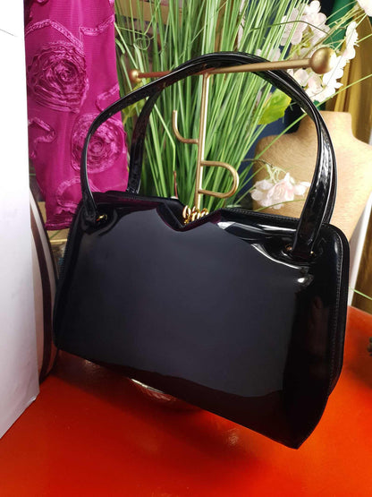 Vintage 1950s Black Patent Handbag Carry Tote