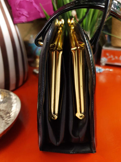 Vintage 1950s Black Patent Handbag Carry Tote
