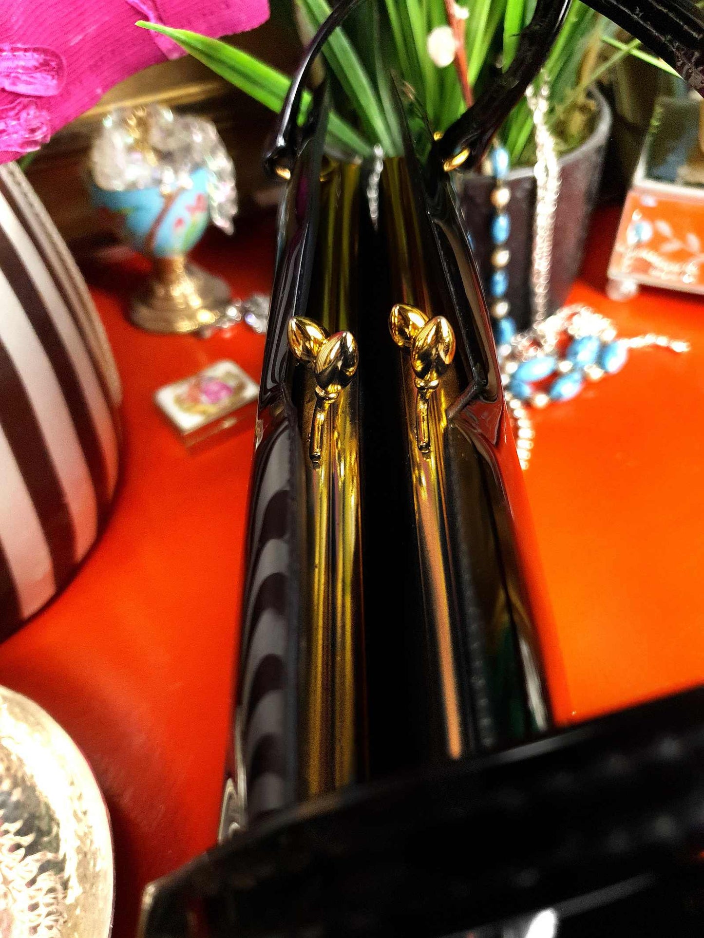 Vintage 1950s Black Patent Handbag Carry Tote