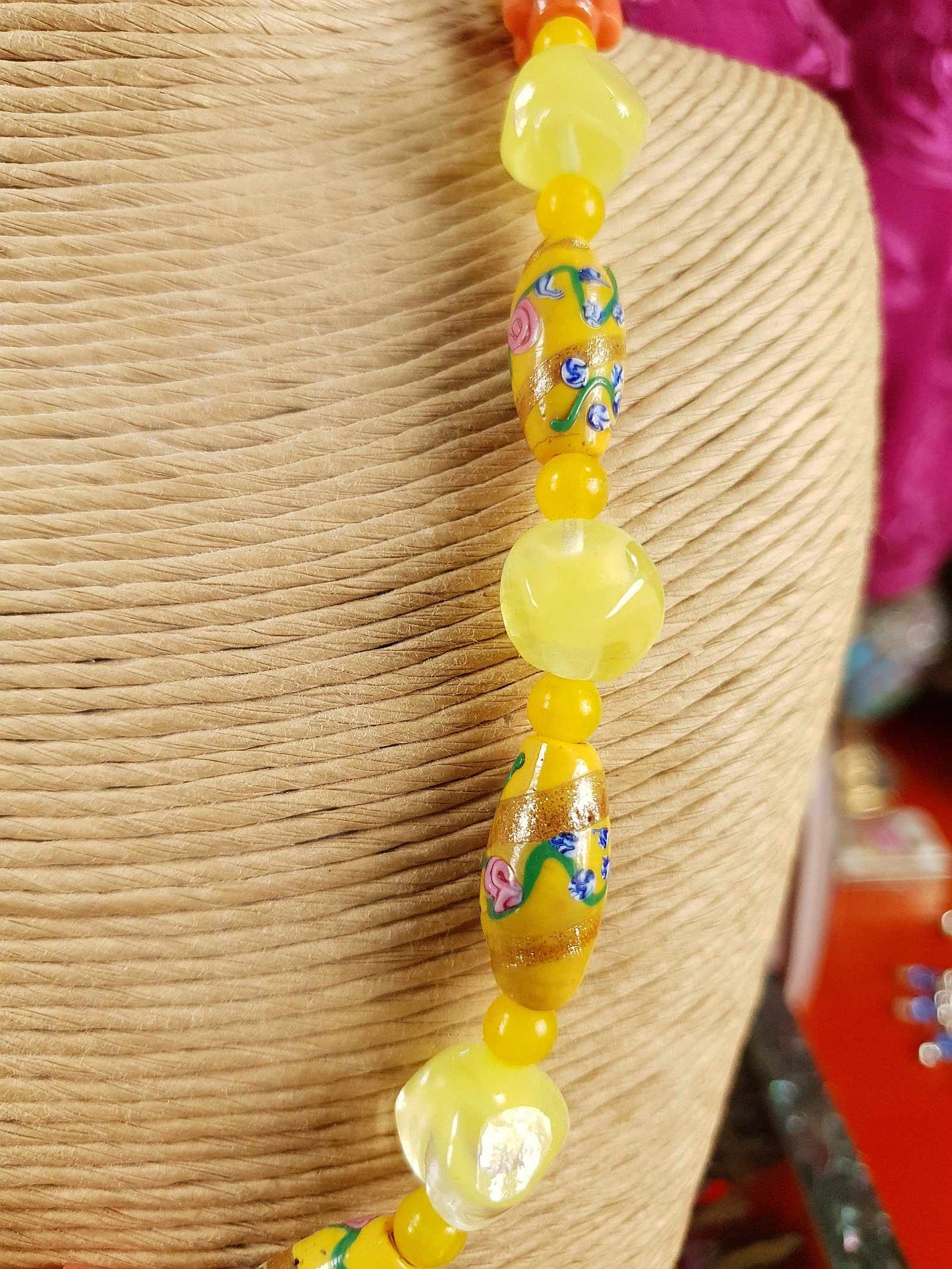 Vintage 1950s Murano Glass Wedding Cake Bead Necklace Yellow - Rare