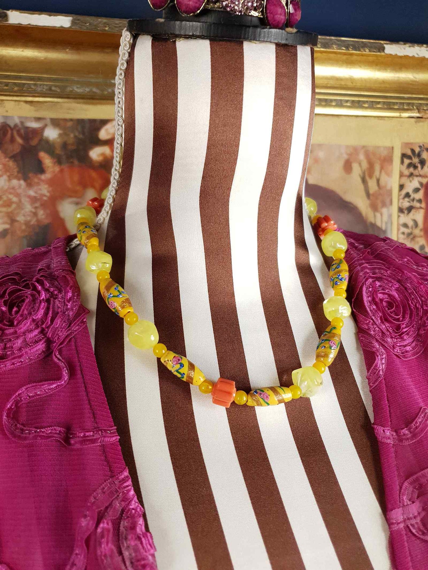 Vintage 1950s Murano Glass Wedding Cake Bead Necklace Yellow - Rare