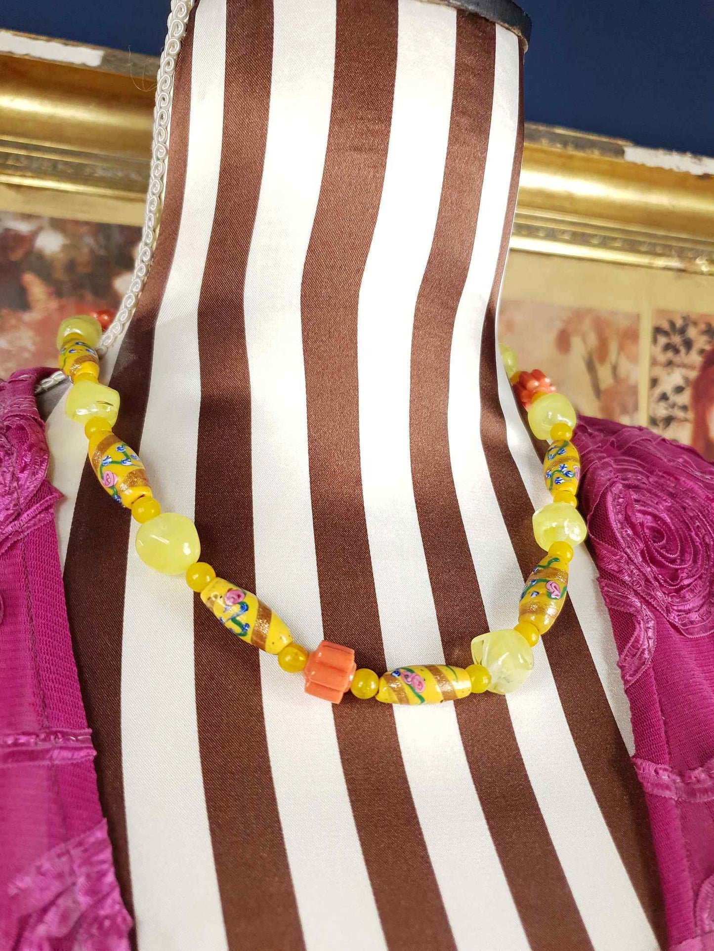 Vintage 1950s Murano Glass Wedding Cake Bead Necklace Yellow - Rare