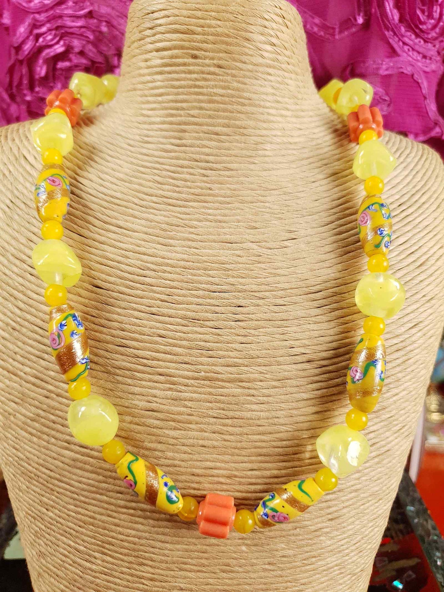 Vintage 1950s Murano Glass Wedding Cake Bead Necklace Yellow - Rare