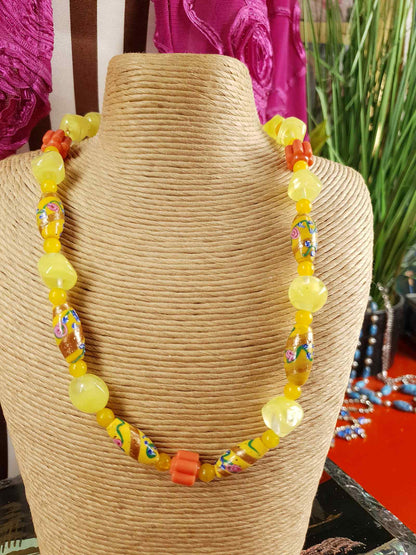 Vintage 1950s Murano Glass Wedding Cake Bead Necklace Yellow - Rare