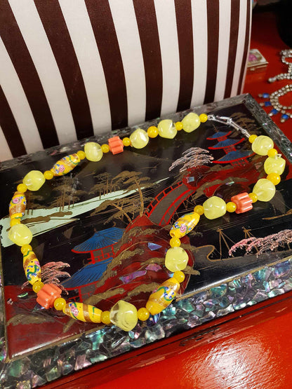 Vintage 1950s Murano Glass Wedding Cake Bead Necklace Yellow - Rare