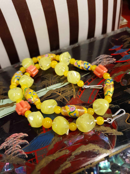 Vintage 1950s Murano Glass Wedding Cake Bead Necklace Yellow - Rare