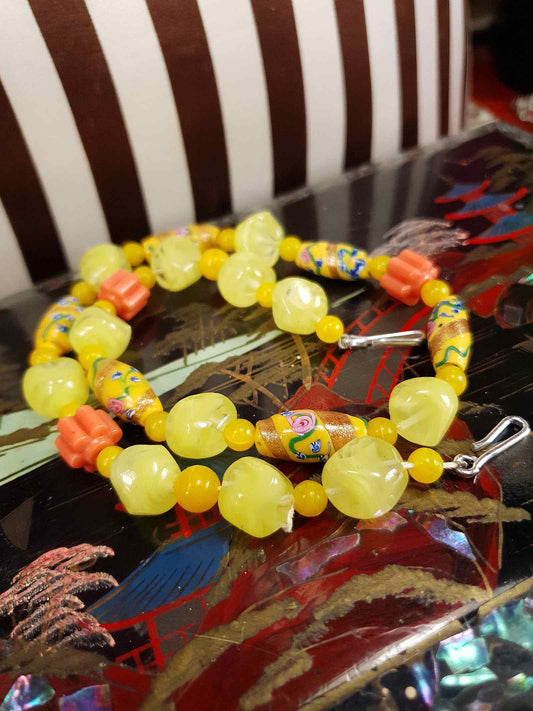 Vintage 1950s Murano Glass Wedding Cake Bead Necklace Yellow - Rare