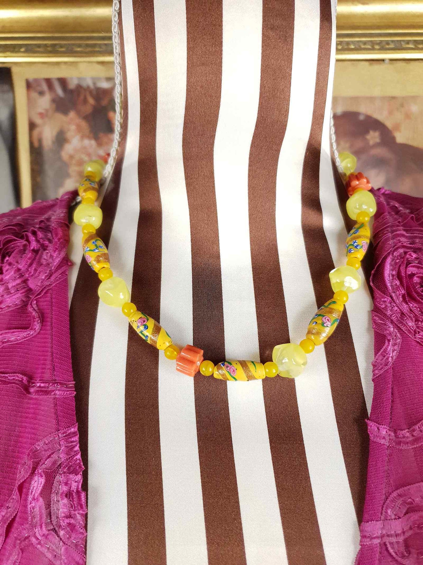 Vintage 1950s Murano Glass Wedding Cake Bead Necklace Yellow - Rare