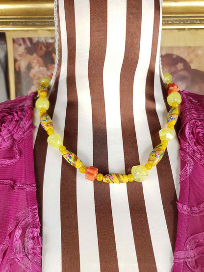 Vintage 1950s Murano Glass Wedding Cake Bead Necklace Yellow - Rare