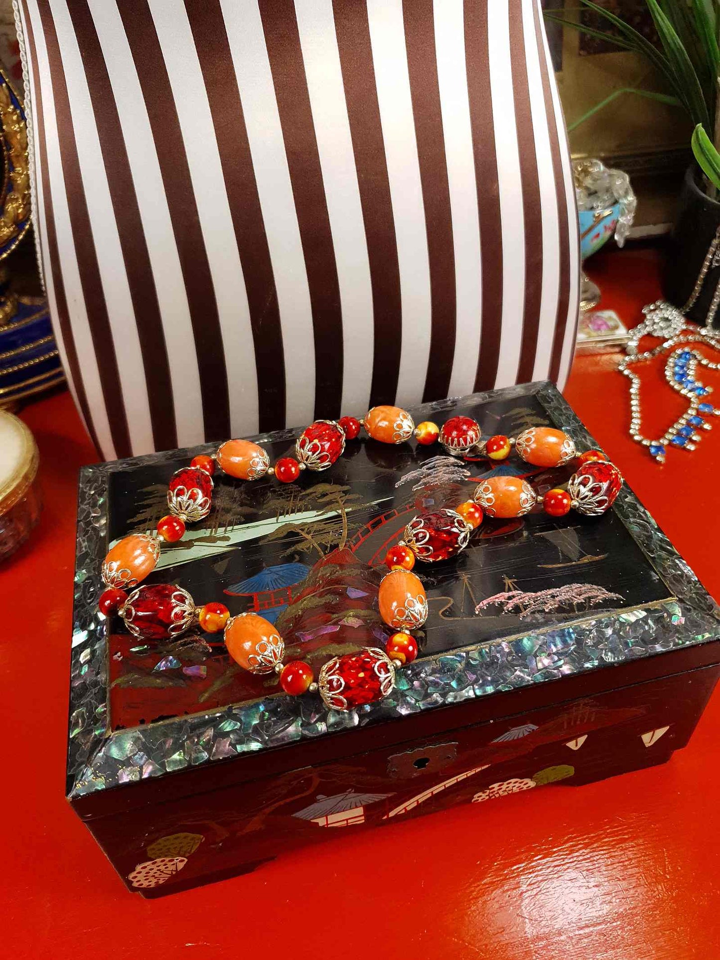 Vintage 1950s Orange Bead Filagree Boho Necklace Bohemian