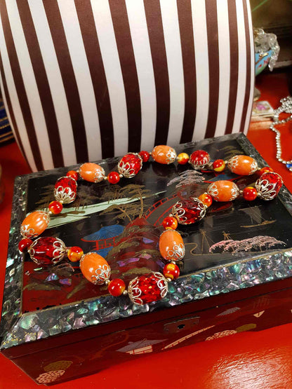 Vintage 1950s Orange Bead Filagree Boho Necklace Bohemian