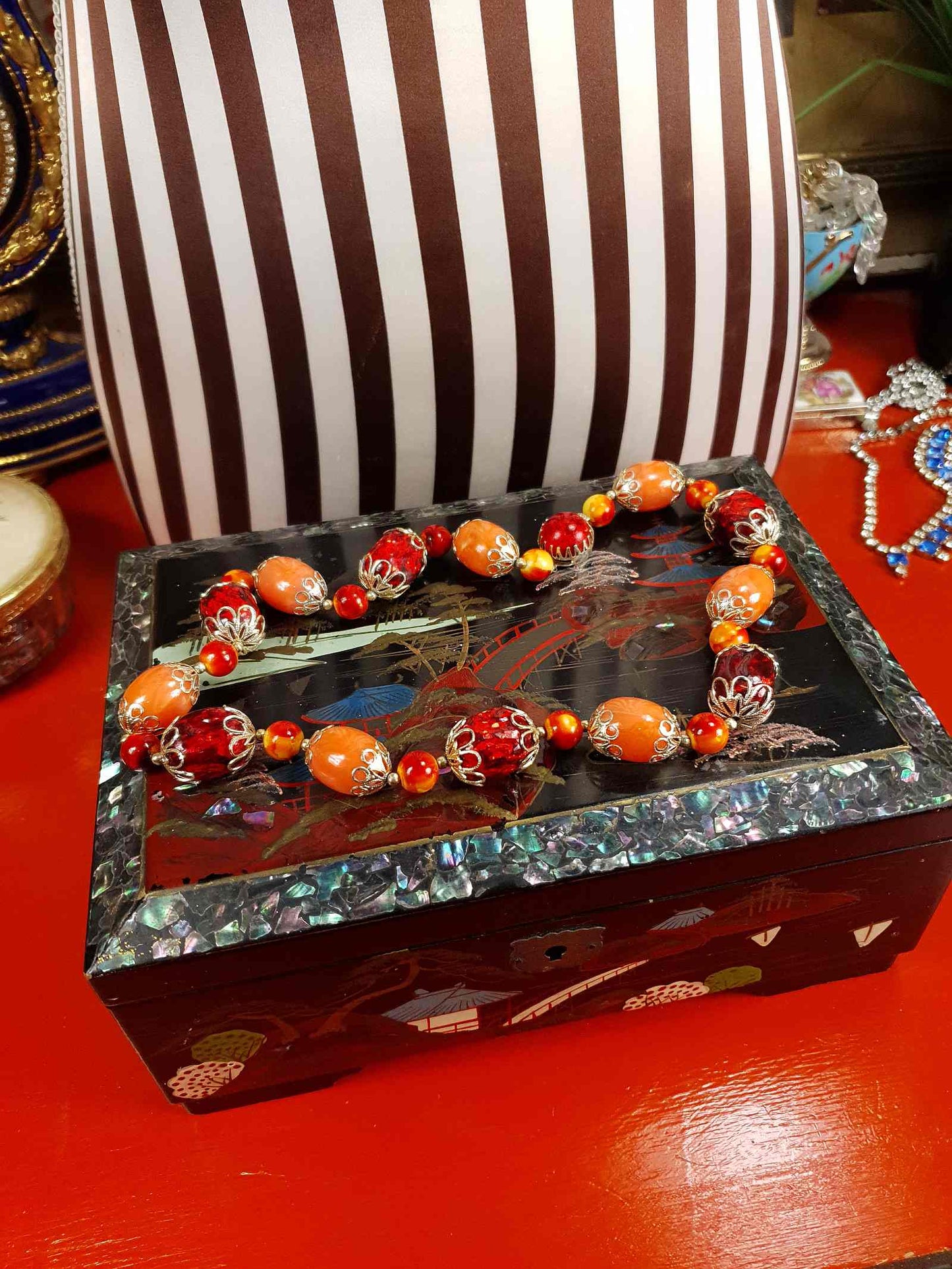 Vintage 1950s Orange Bead Filagree Boho Necklace Bohemian