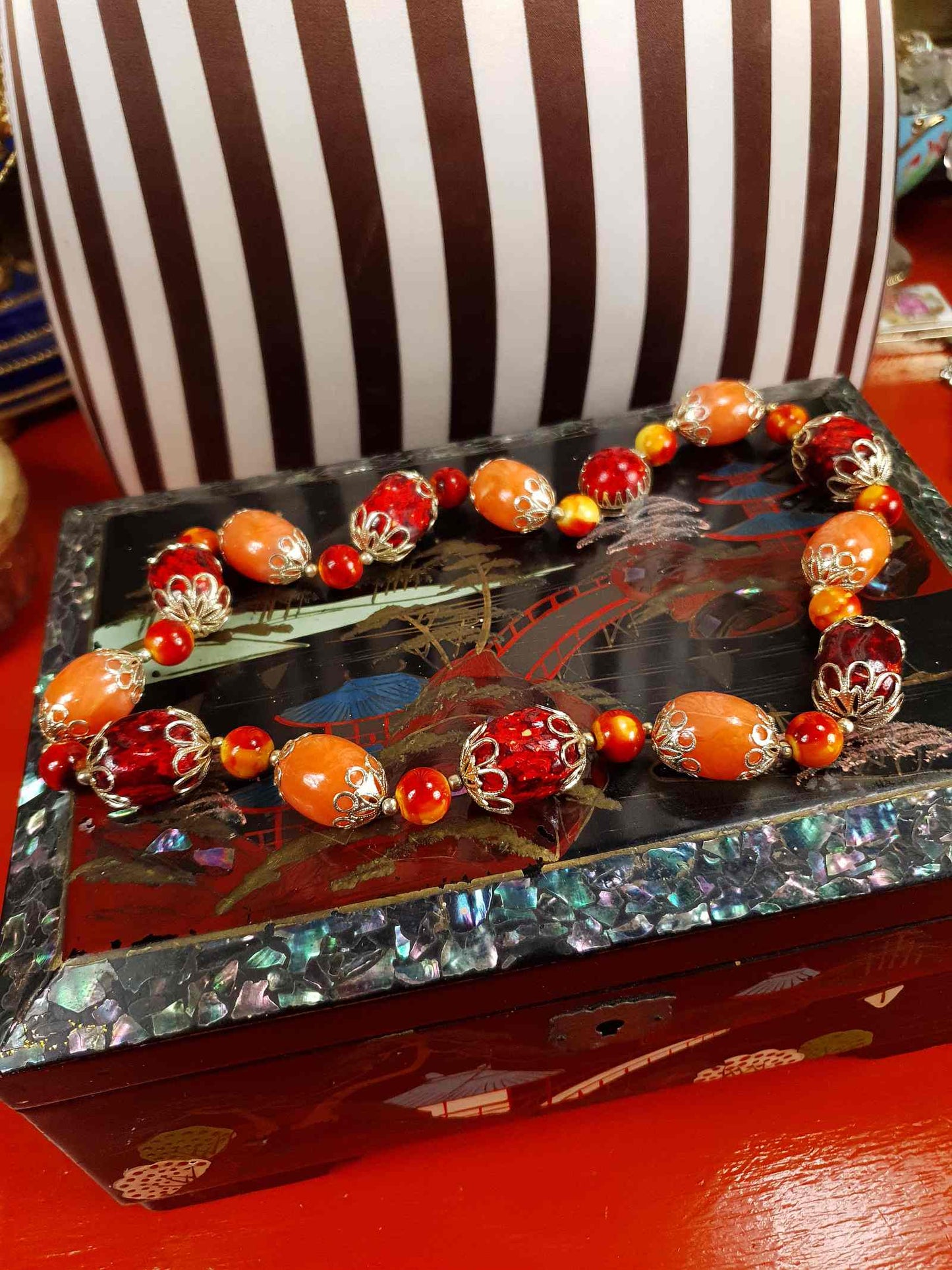 Vintage 1950s Orange Bead Filagree Boho Necklace Bohemian