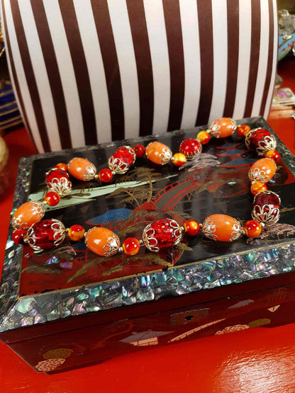 Vintage 1950s Orange Bead Filagree Boho Necklace Bohemian
