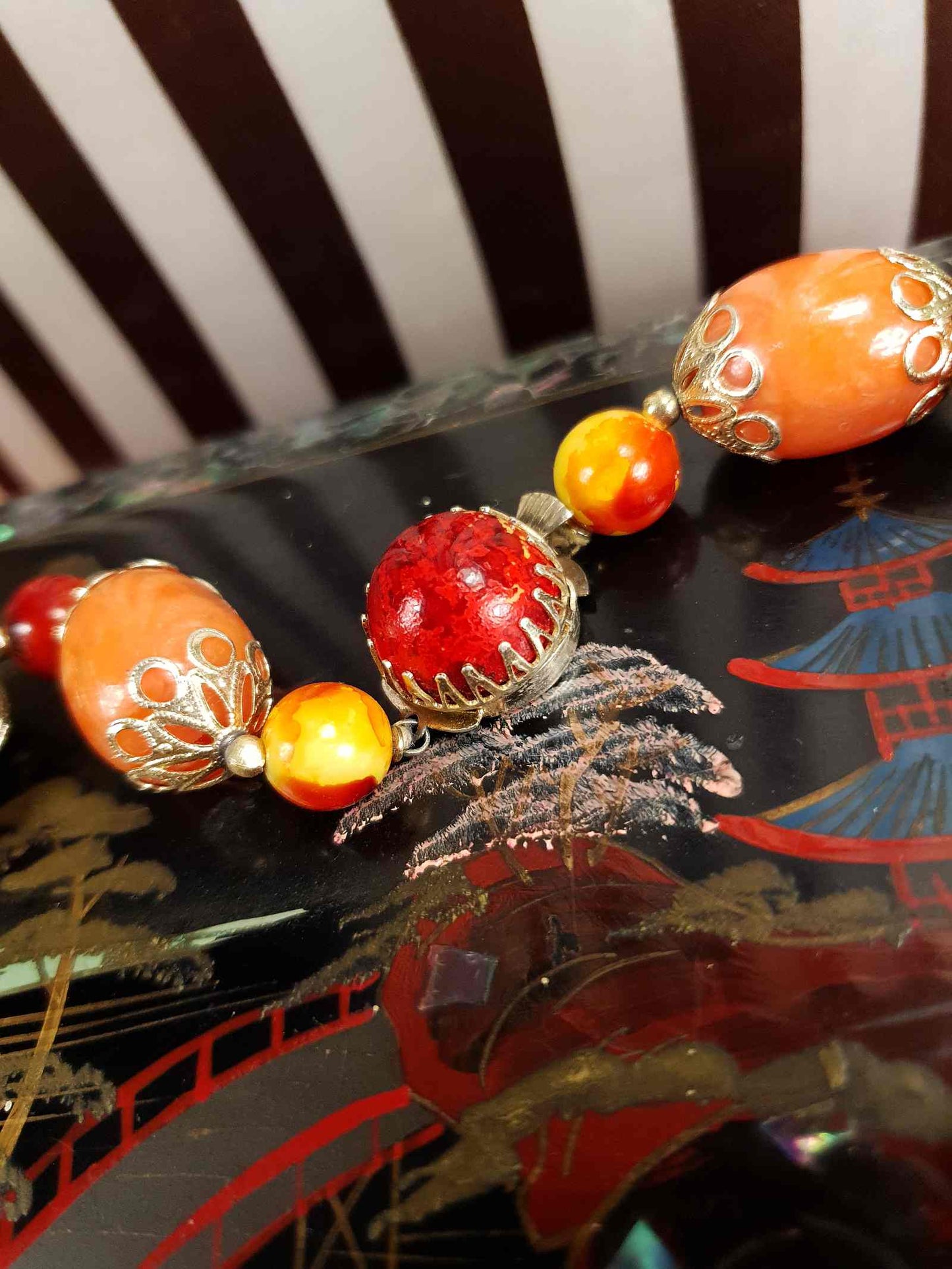 Vintage 1950s Orange Bead Filagree Boho Necklace Bohemian