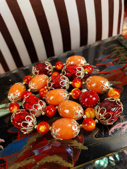 Vintage 1950s Orange Bead Filagree Boho Necklace Bohemian