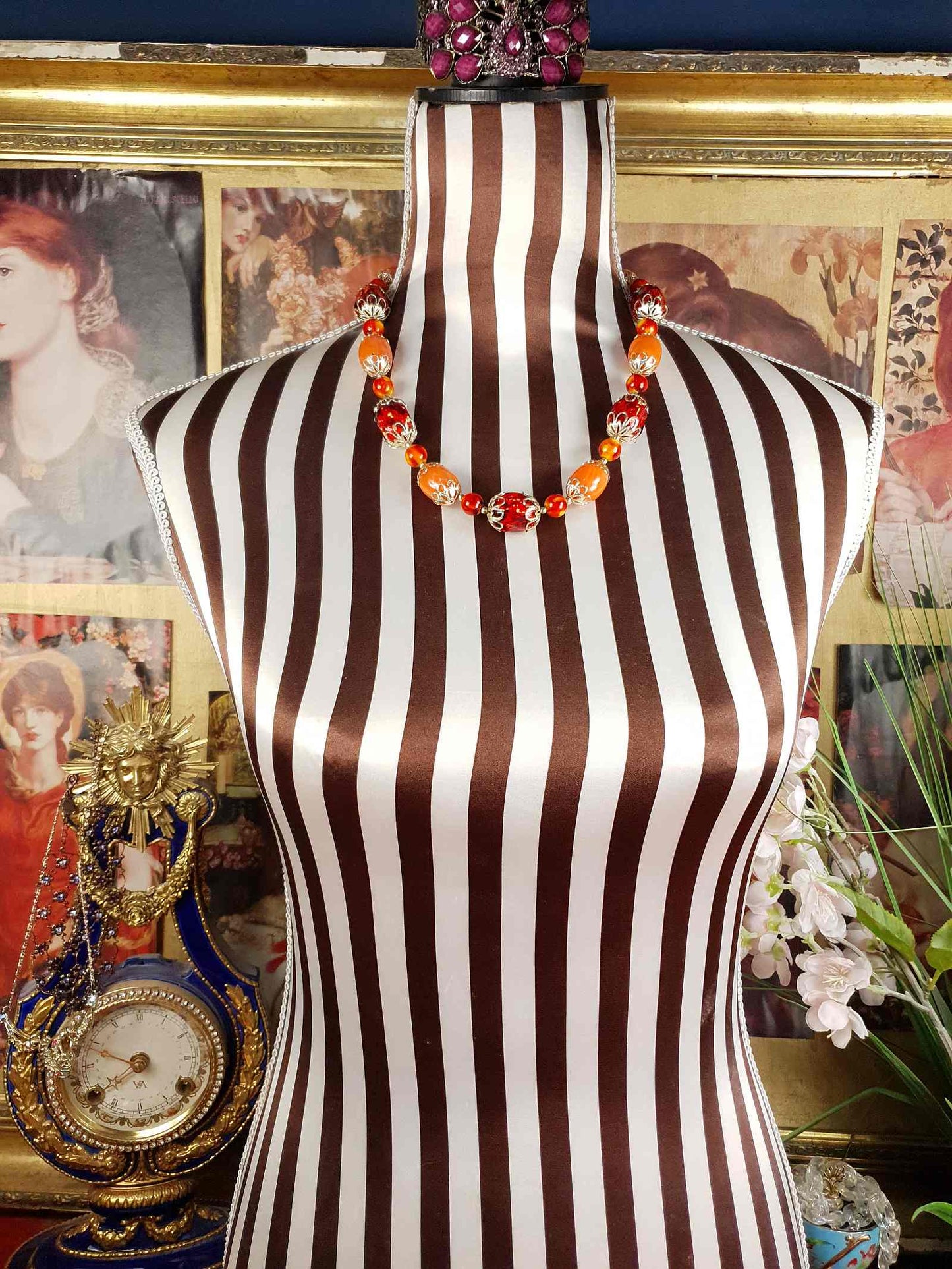 Vintage 1950s Orange Bead Filagree Boho Necklace Bohemian