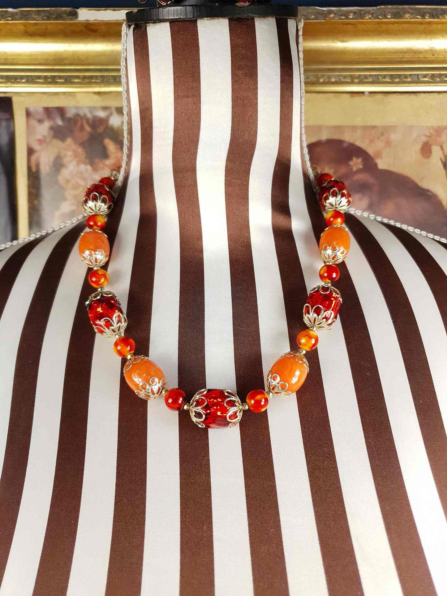 Vintage 1950s Orange Bead Filagree Boho Necklace Bohemian