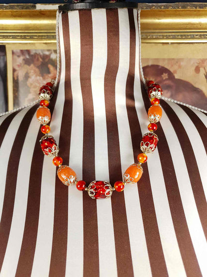 Vintage 1950s Orange Bead Filagree Boho Necklace Bohemian