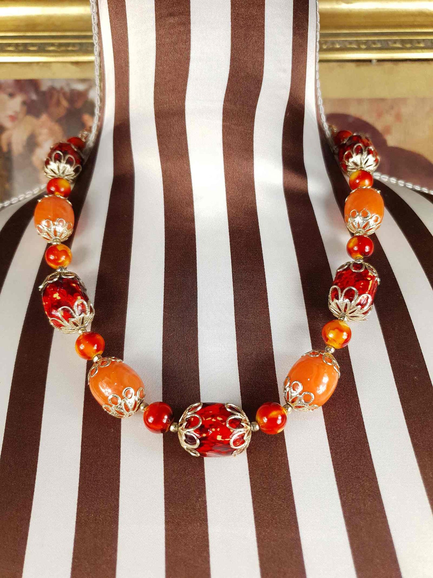 Vintage 1950s Orange Bead Filagree Boho Necklace Bohemian