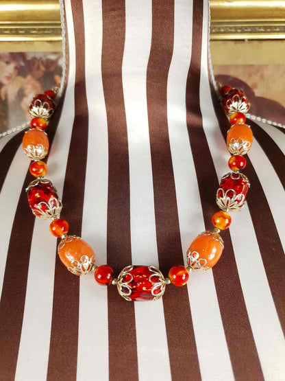 Vintage 1950s Orange Bead Filagree Boho Necklace Bohemian