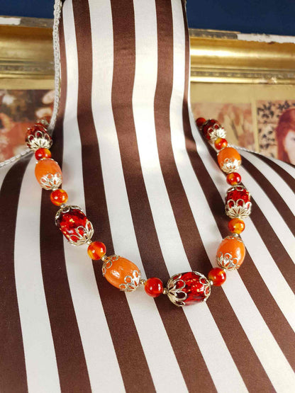 Vintage 1950s Orange Bead Filagree Boho Necklace Bohemian