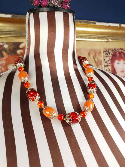 Vintage 1950s Orange Bead Filagree Boho Necklace Bohemian