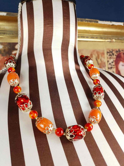 Vintage 1950s Orange Bead Filagree Boho Necklace Bohemian