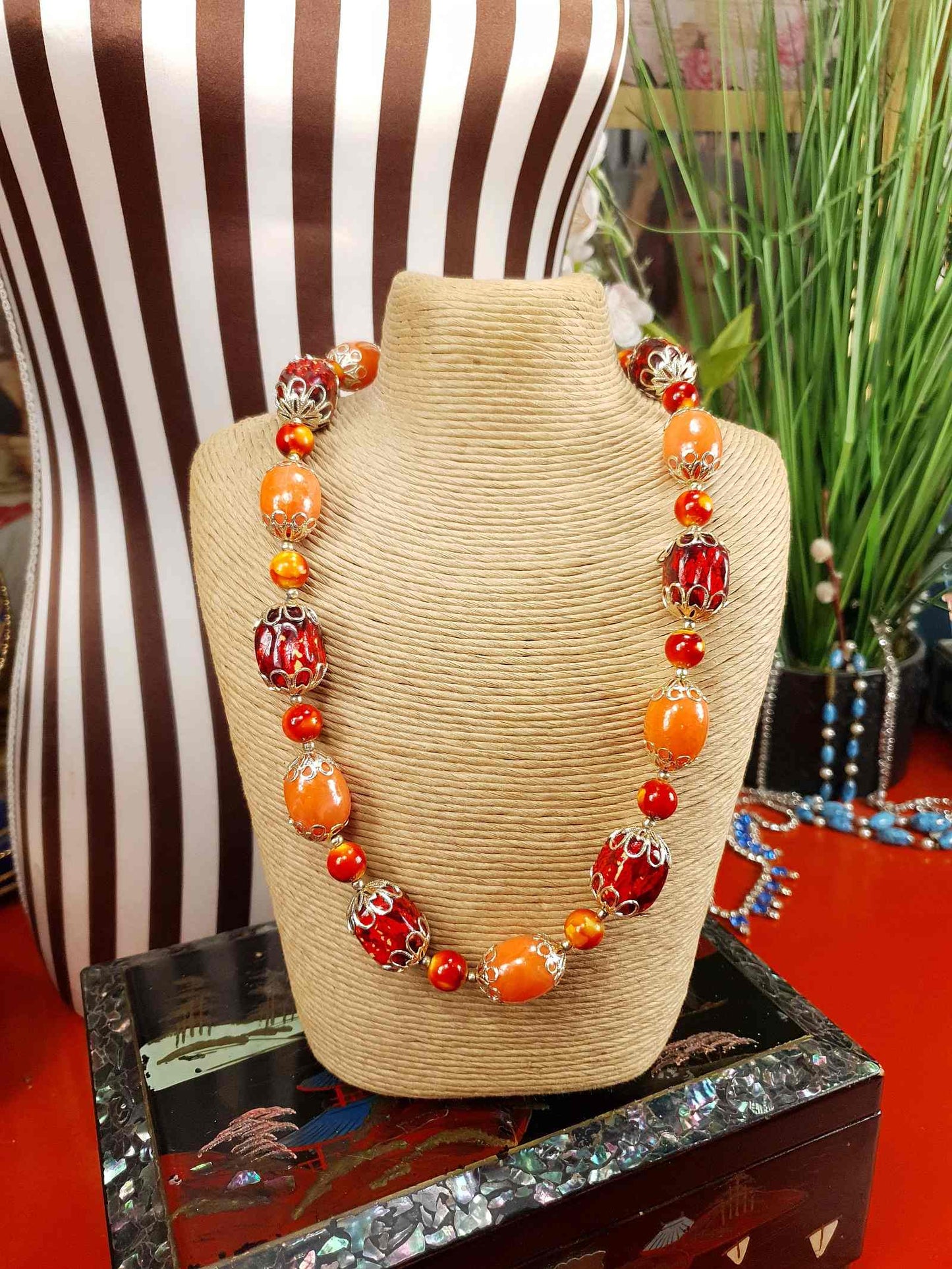Vintage 1950s Orange Bead Filagree Boho Necklace Bohemian