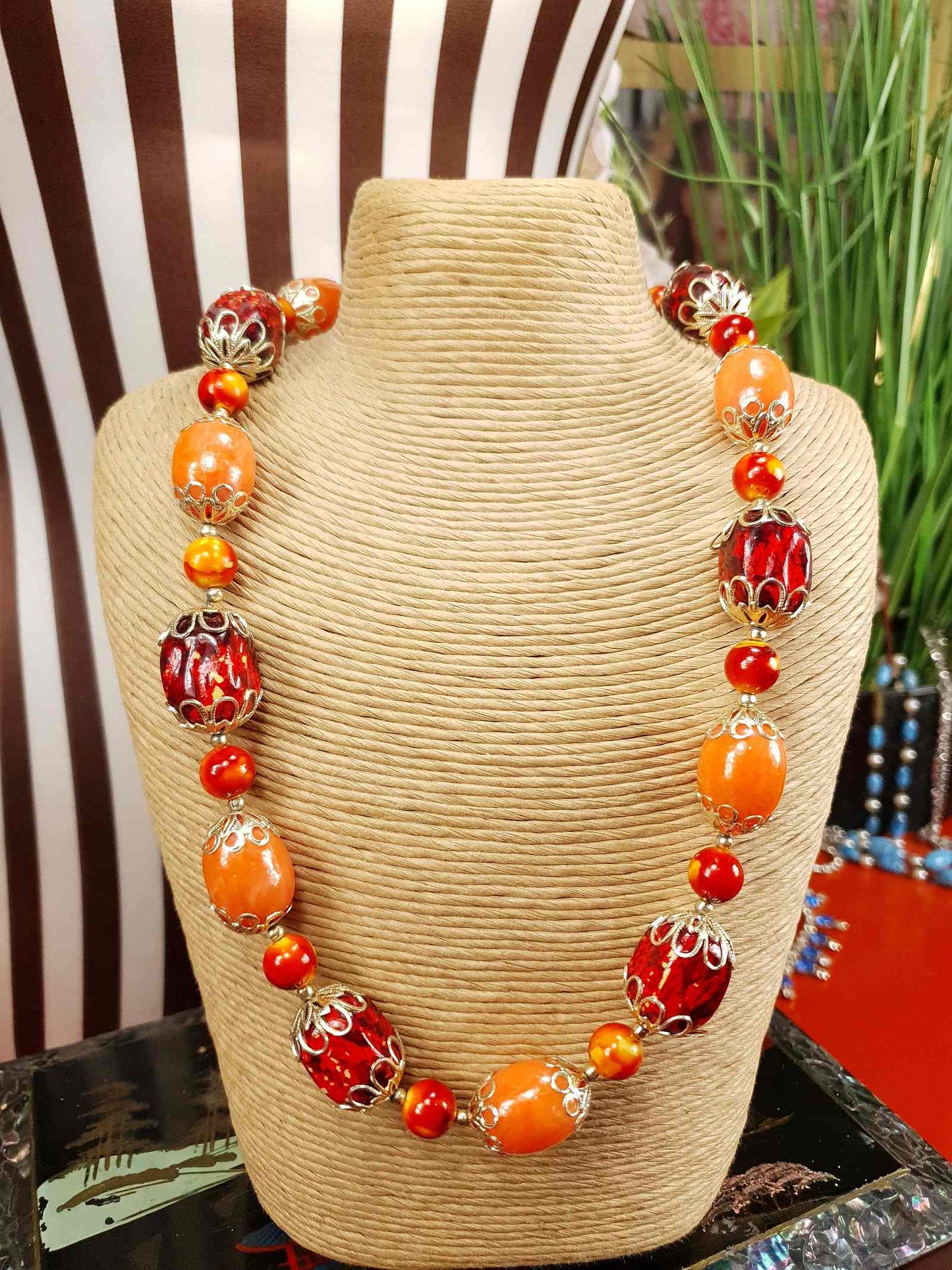 Vintage 1950s Orange Bead Filagree Boho Necklace Bohemian