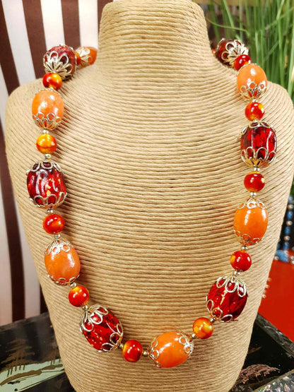Vintage 1950s Orange Bead Filagree Boho Necklace Bohemian