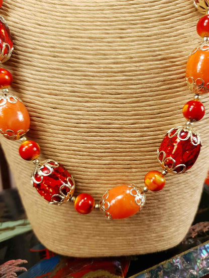Vintage 1950s Orange Bead Filagree Boho Necklace Bohemian