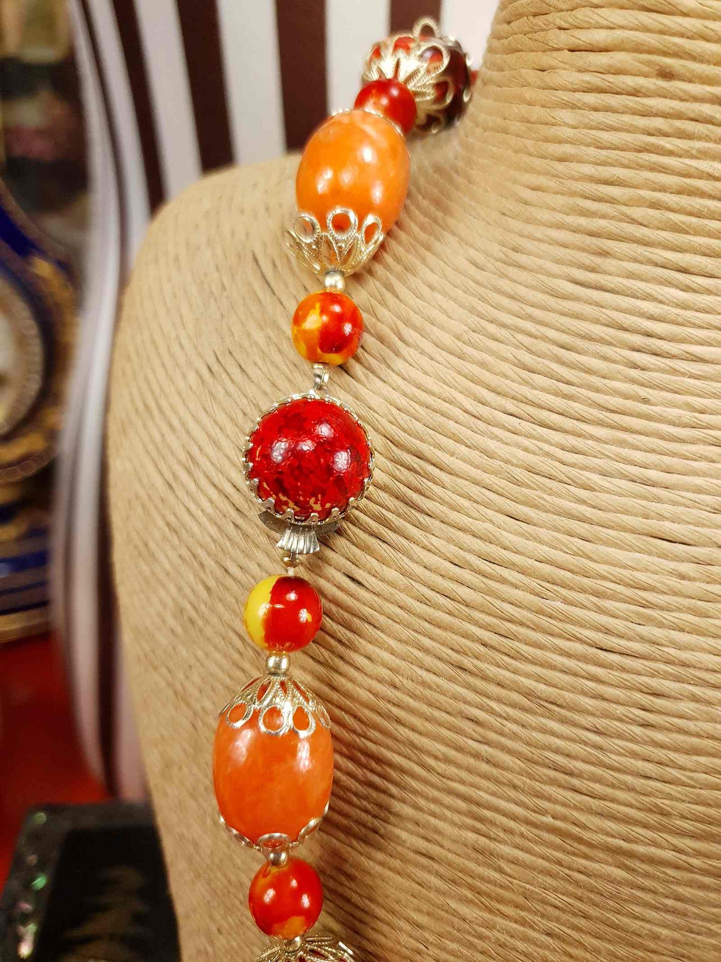 Vintage 1950s Orange Bead Filagree Boho Necklace Bohemian