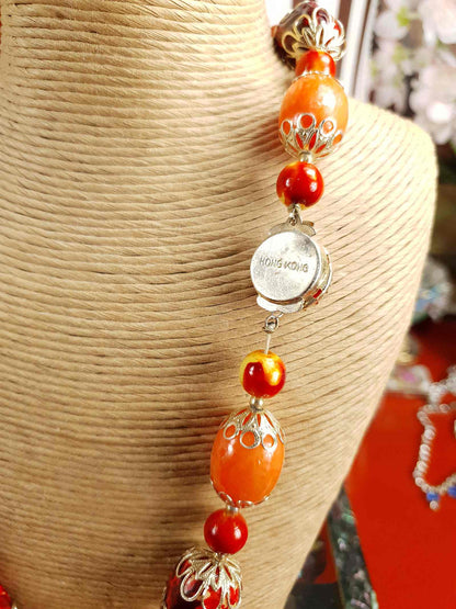 Vintage 1950s Orange Bead Filagree Boho Necklace Bohemian