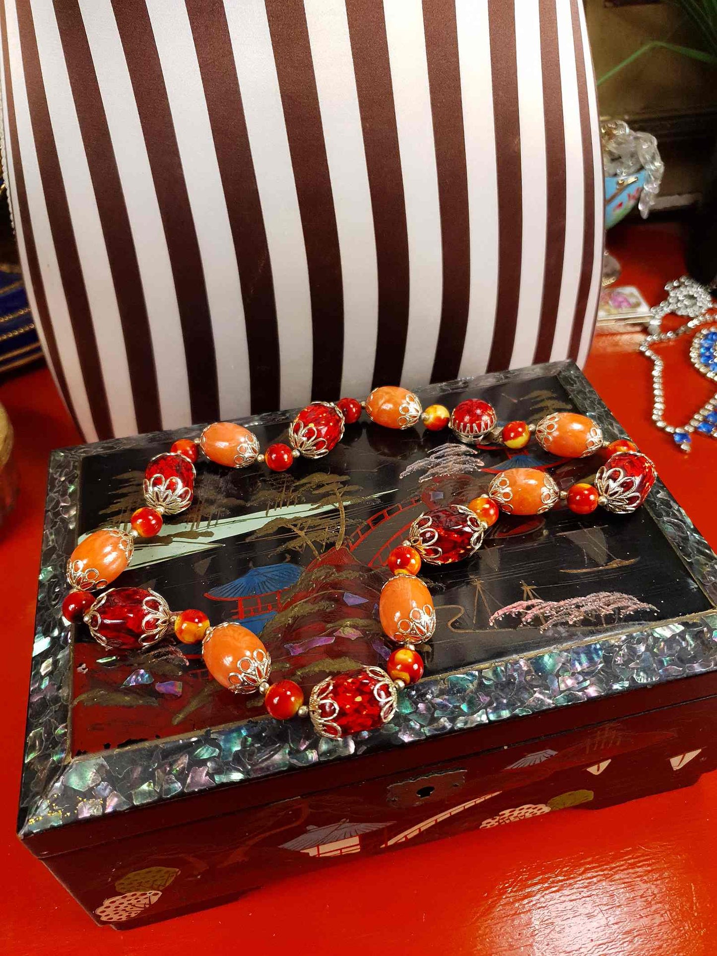 Vintage 1950s Orange Bead Filagree Boho Necklace Bohemian