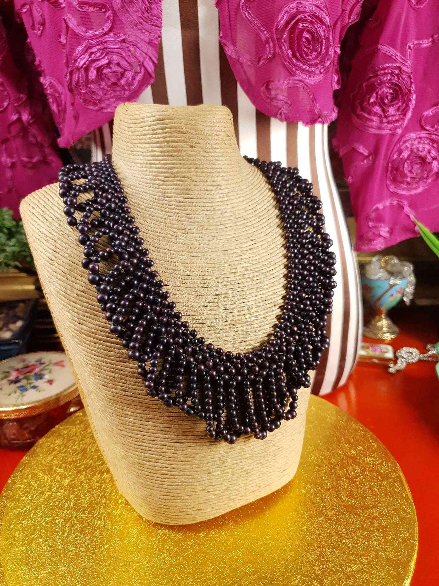 Vintage 1950s Purple Bead Collar Necklace Mid-Century