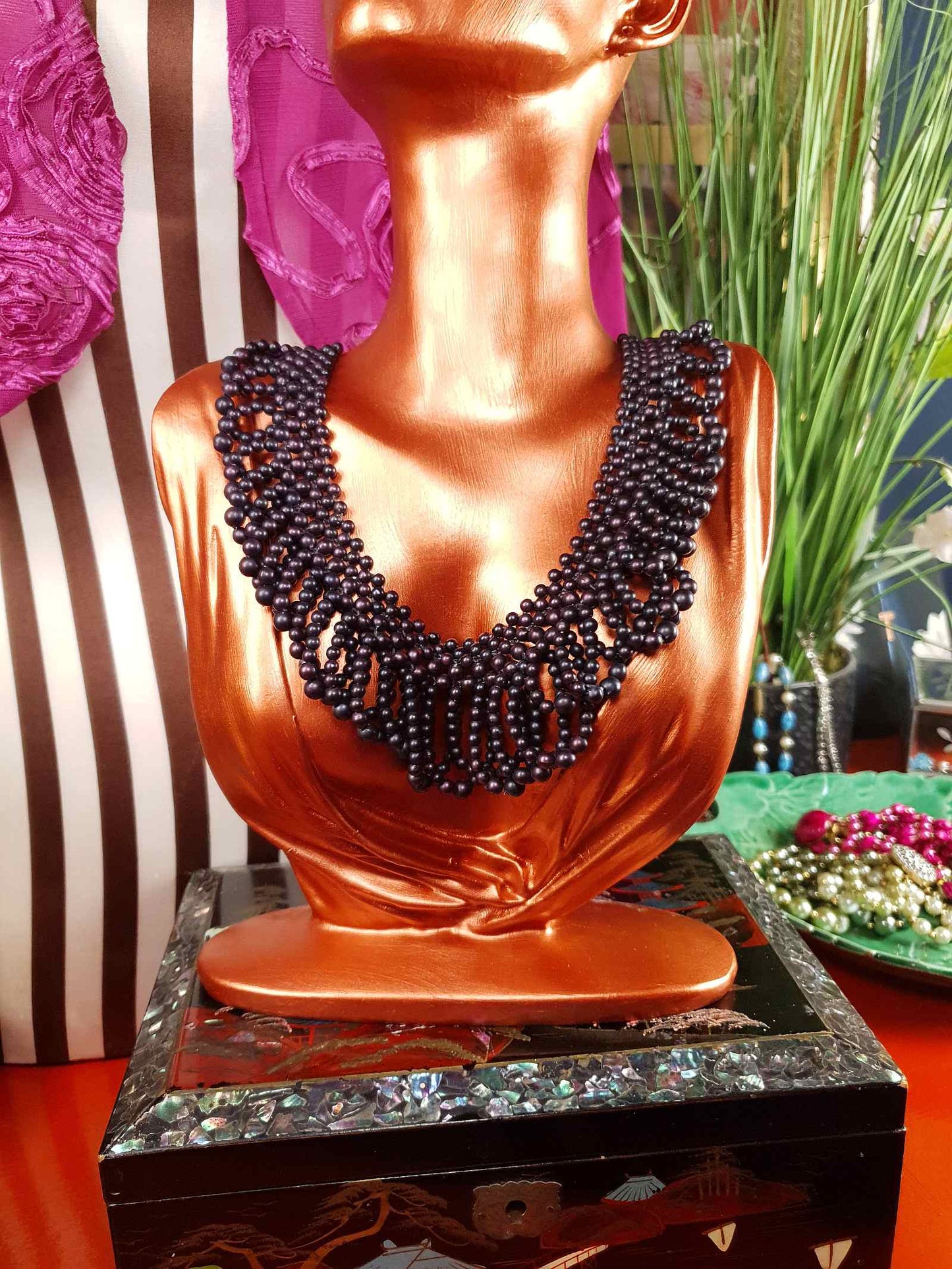 Vintage 1950s Purple Bead Collar Necklace Mid-Century