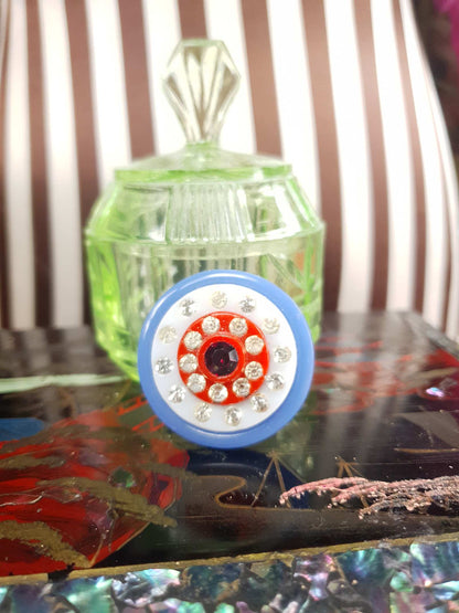 Vintage 1950s Rhinestone Lucite Brooch Red White Blue Retro - Rare