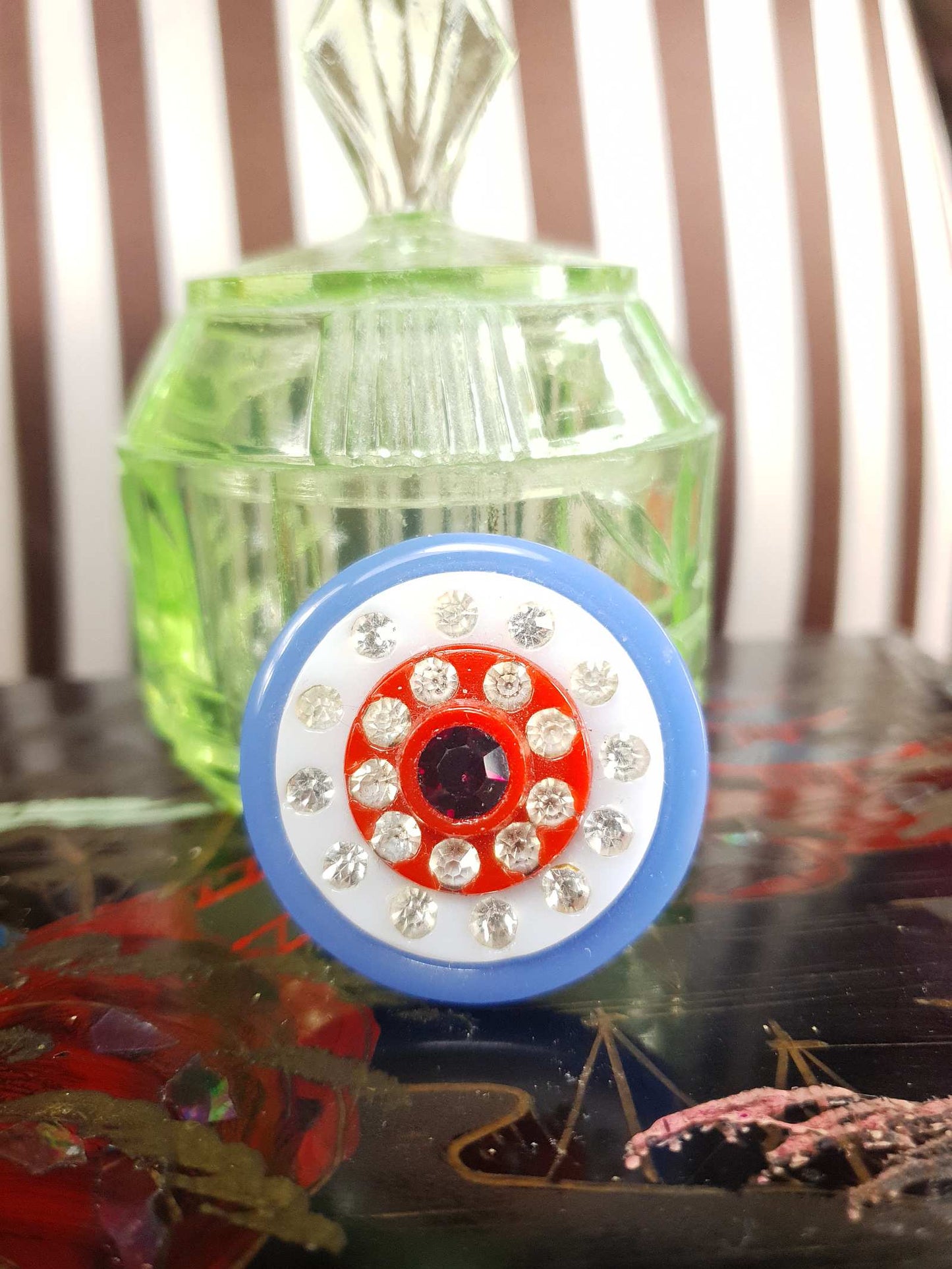 Vintage 1950s Rhinestone Lucite Brooch Red White Blue Retro - Rare