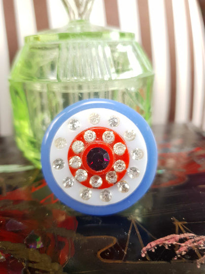 Vintage 1950s Rhinestone Lucite Brooch Red White Blue Retro - Rare