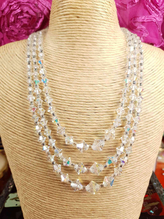 Vintage 1960s Aurora Borealis Crystal Necklace Three Strand AB