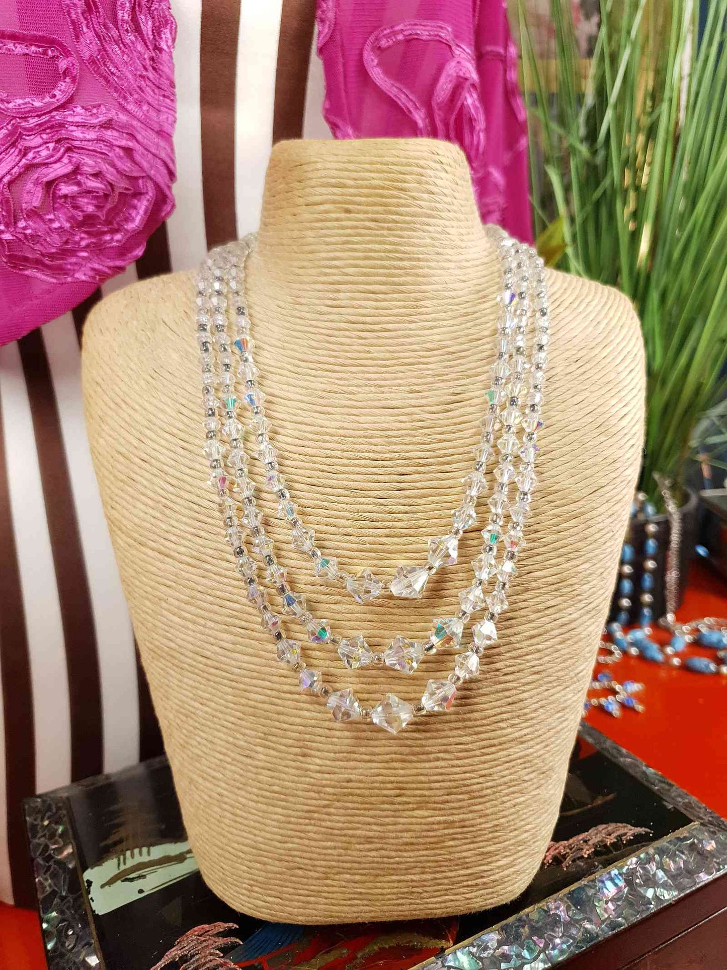 Vintage 1960s Aurora Borealis Crystal Necklace Three Strand AB