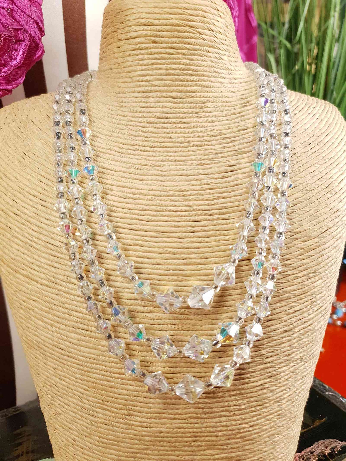 Vintage 1960s Aurora Borealis Crystal Necklace Three Strand AB
