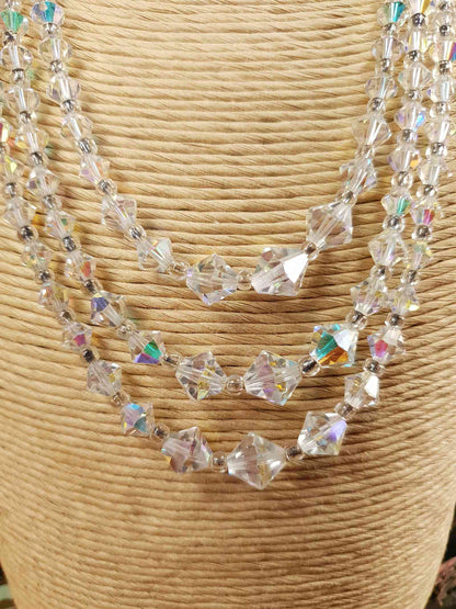 Vintage 1960s Aurora Borealis Crystal Necklace Three Strand AB