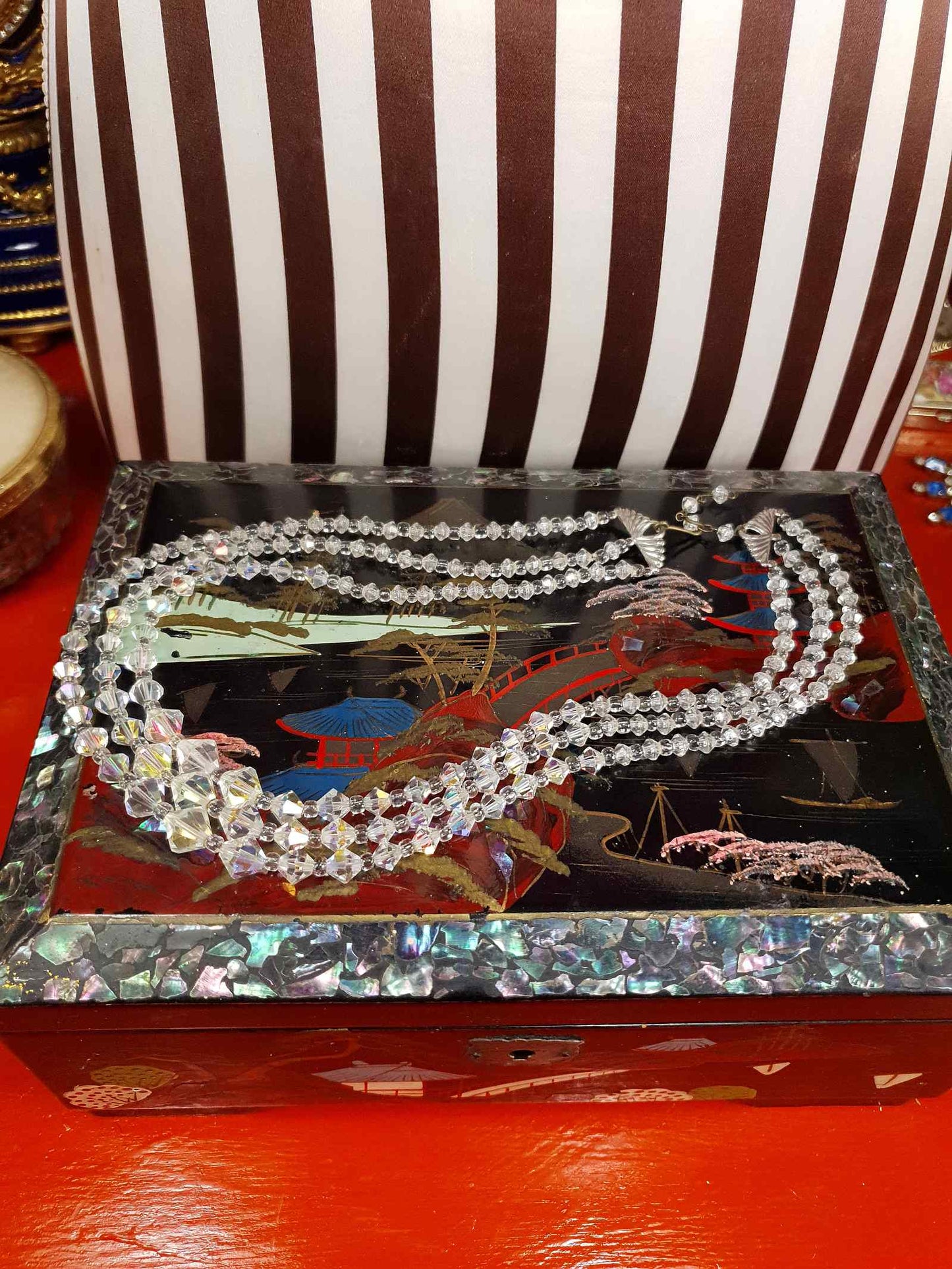 Vintage 1960s Aurora Borealis Crystal Necklace Three Strand AB